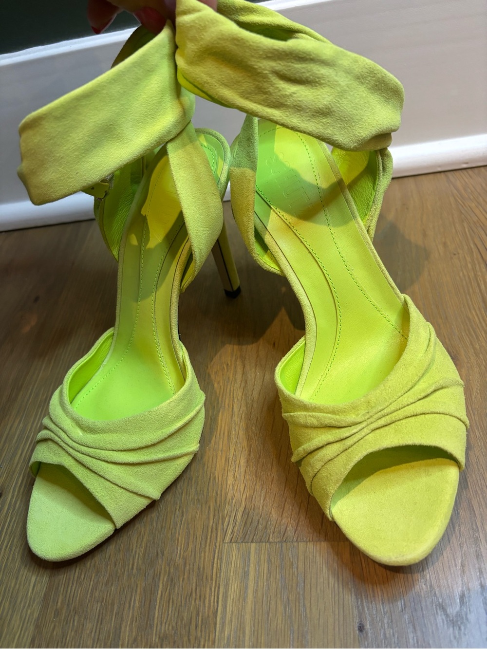 Schutz Neon Yellow Open-Toe Stiletto Heels with Ankle Wrap